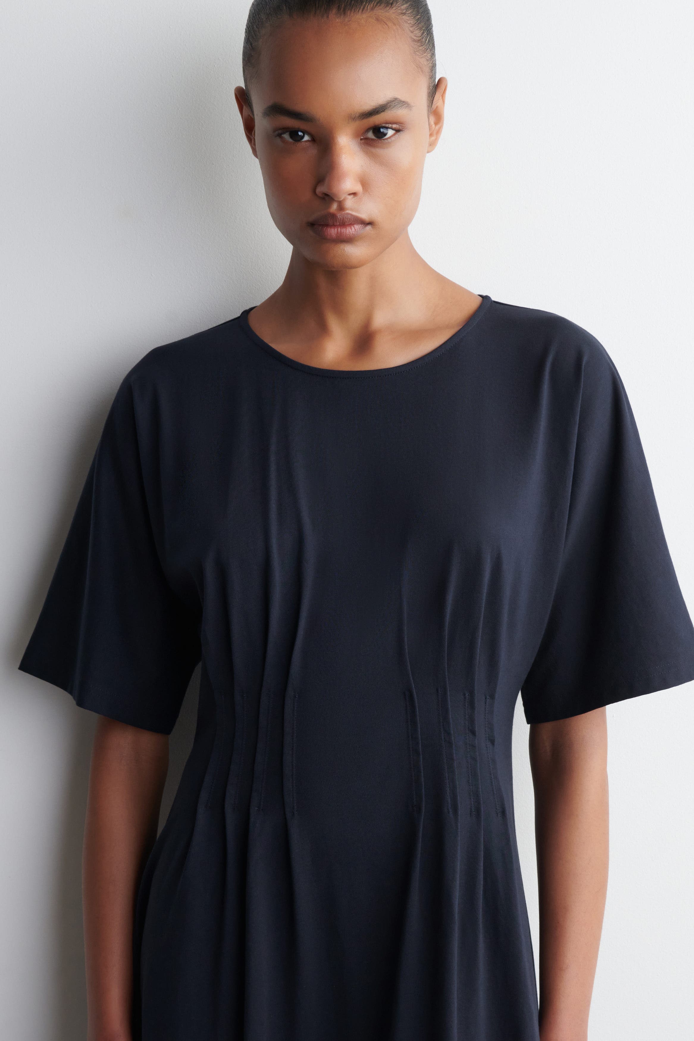 cos pintucked cotton mini dress COS Women's Pintucked Mini Dress in Navy | Cotton