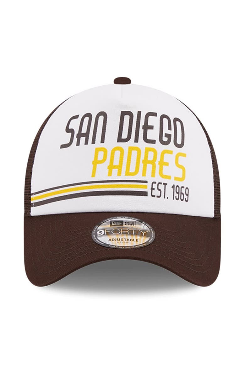New Era Men's New Era White/Brown San Diego Padres Stacked A-Frame Trucker 9FORTY Adjustable Hat, Alternate, color, White