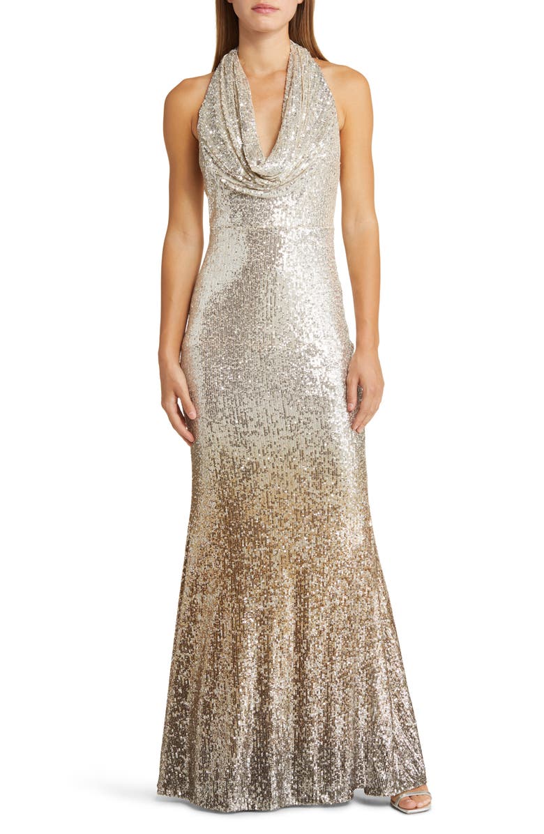Jewel Badgley Mischka Ombré Sequin Cowl Halter Neck Gown, Main, color,