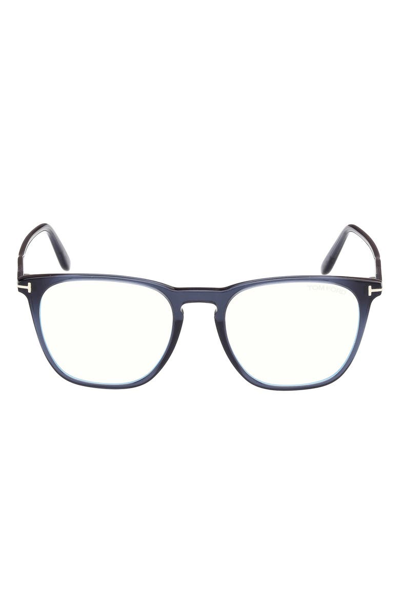 TOM FORD 52mm Round Blue Light Blocking Optical Glasses, Main, color, Navy Blue / T Logo