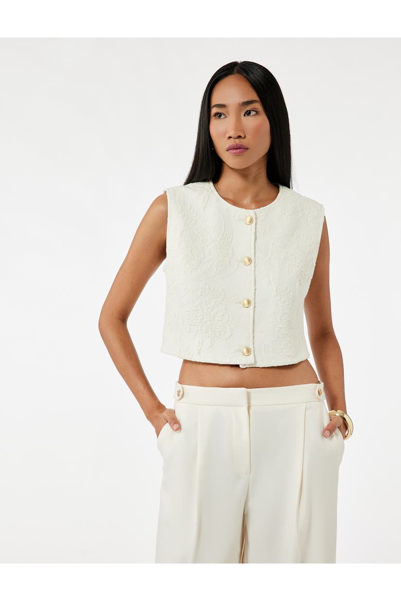 Round Neck Floral Textured Cropped Vest with Jeweled Buttons, Main, color, ECRU