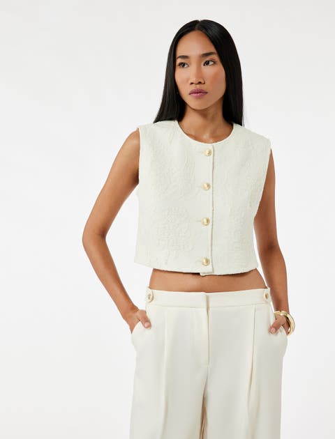 Round Neck Floral Textured Cropped Vest with Jeweled Buttons