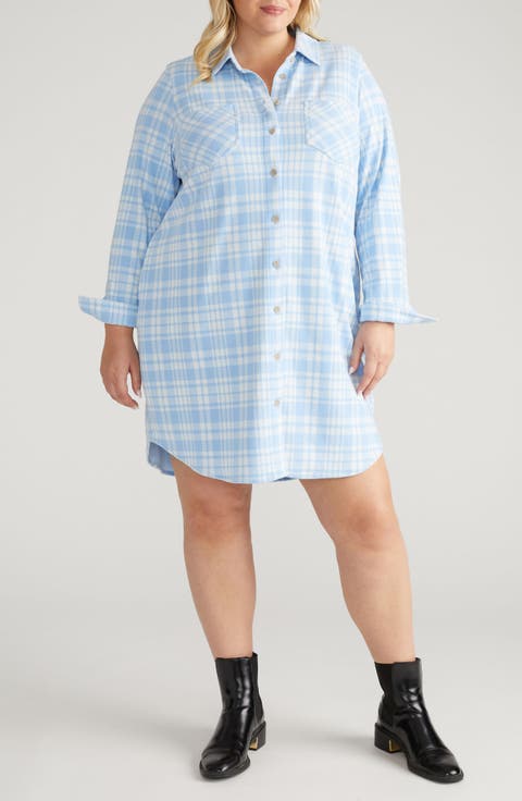 Long Sleeve Check Flannel Shirtdress (Plus)