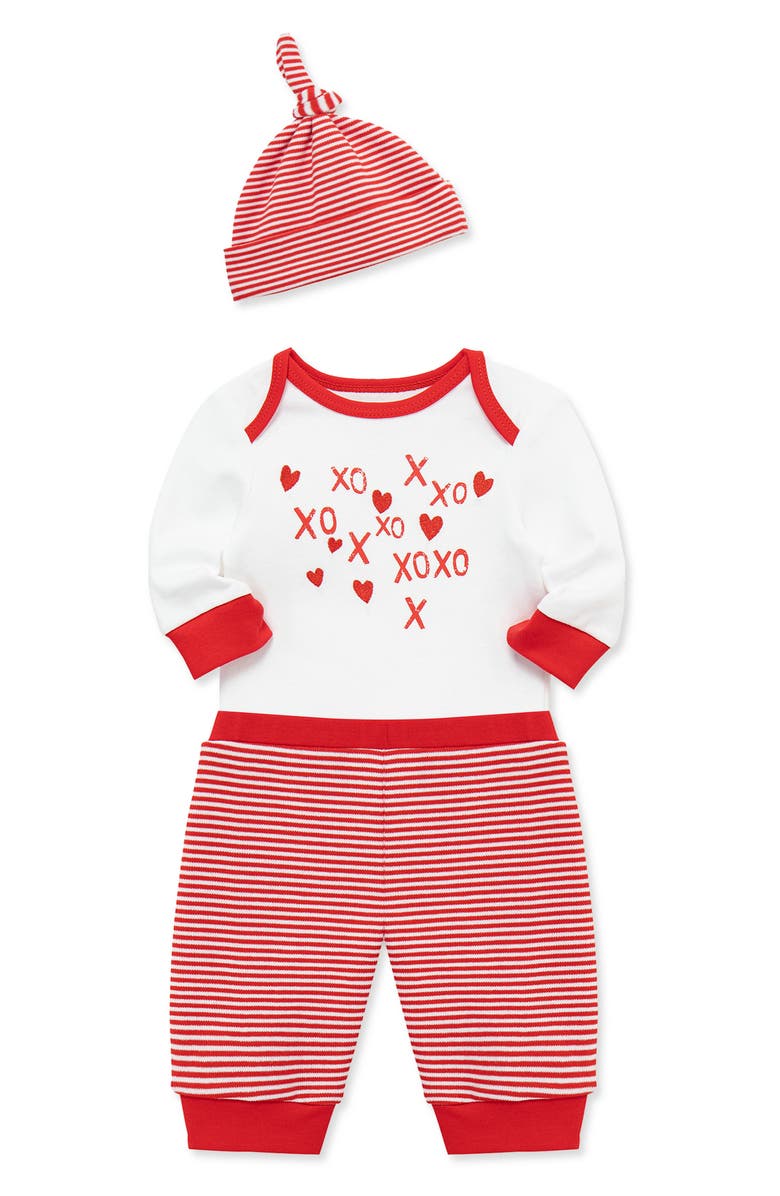 Little Me XO Bodysuit, Pants & Hat Set, Alternate, color, Red