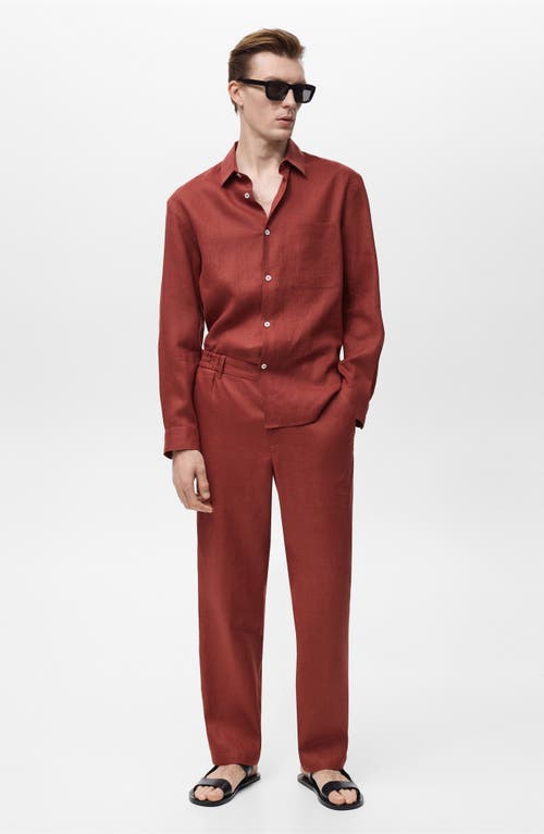 Mango Elastic Waist Linen Pants In Burgundy