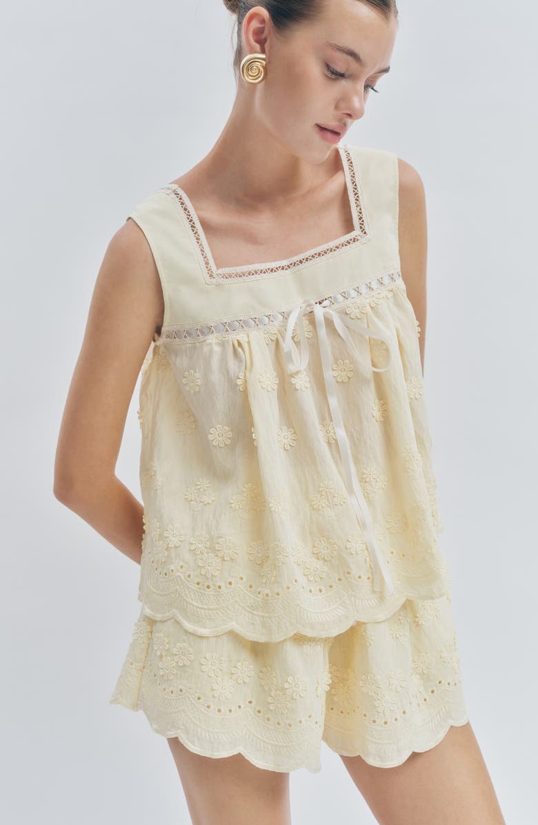 MAUDE CLUB Odette Floral Appliqué Babydoll Top, Alternate, color, Butter Yellow