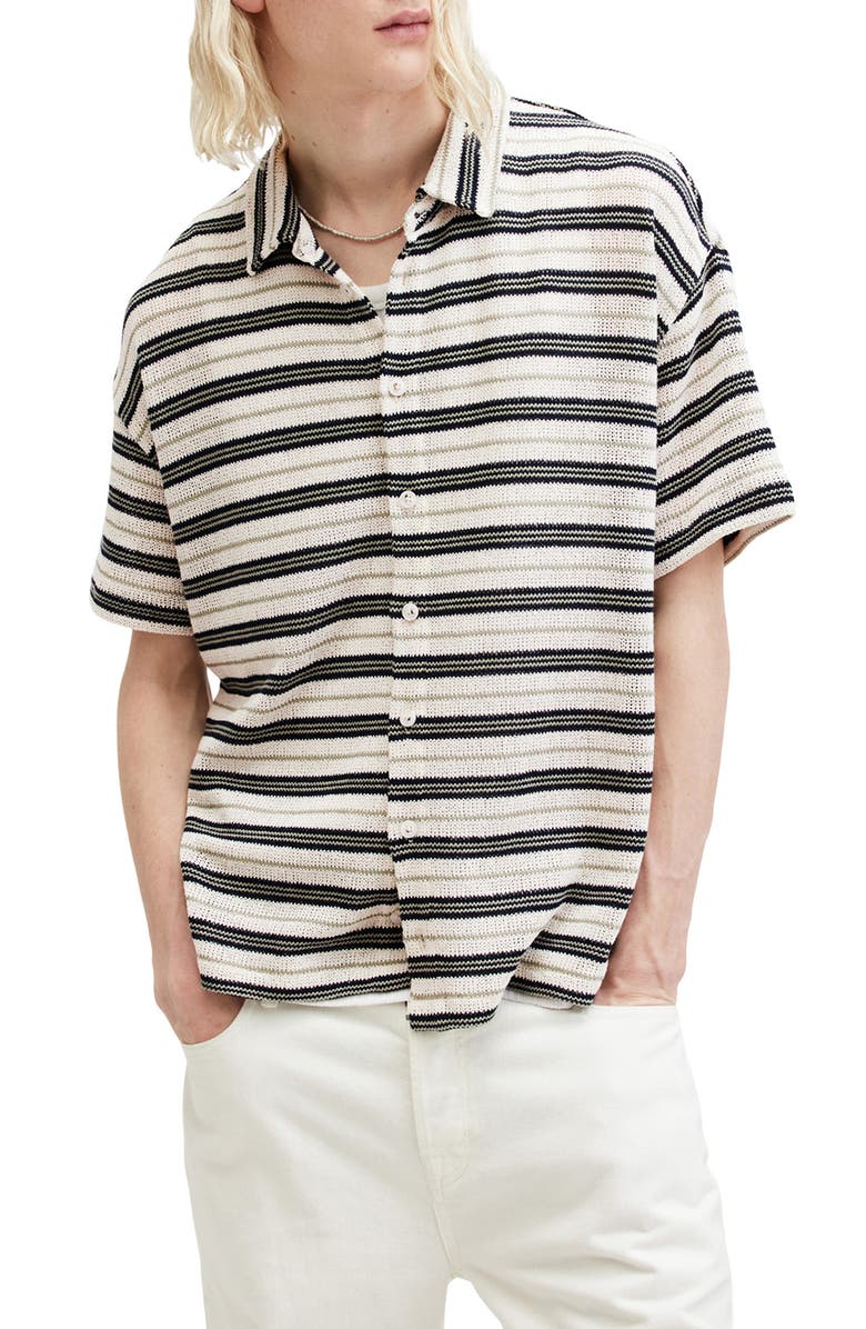 AllSaints Jackson Oversize Stripe Short Sleeve Knit Button-Up Shirt, Alternate, color,