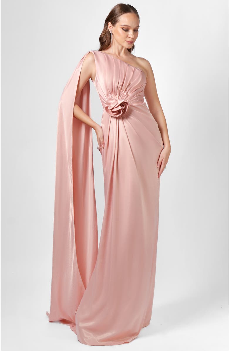 Bariano Justine One Shoulder Cape Gown, Alternate, color, Pink