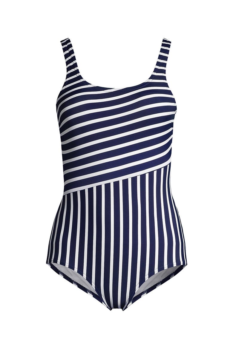 Tugless Low Leg One Piece Swimsuit, Alternate, color, Deep Sea/White Media Stripe