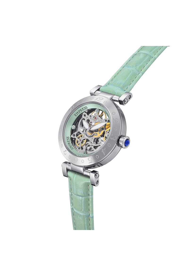 Theodora Automatic Skeleton Leather-Band Watch, Alternate, color, Green