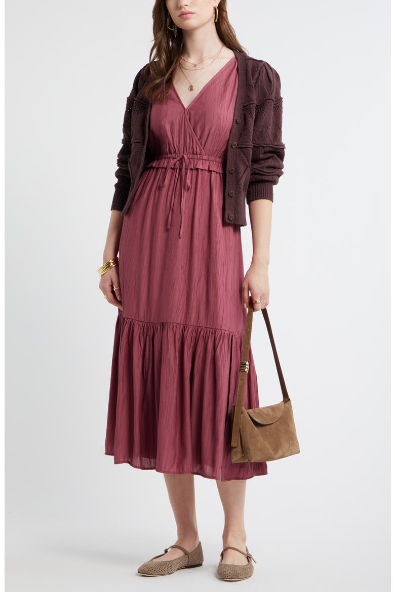 Faux Wrap Tiered Midi Dress, Alternate, color, BURGUNDY MAROON