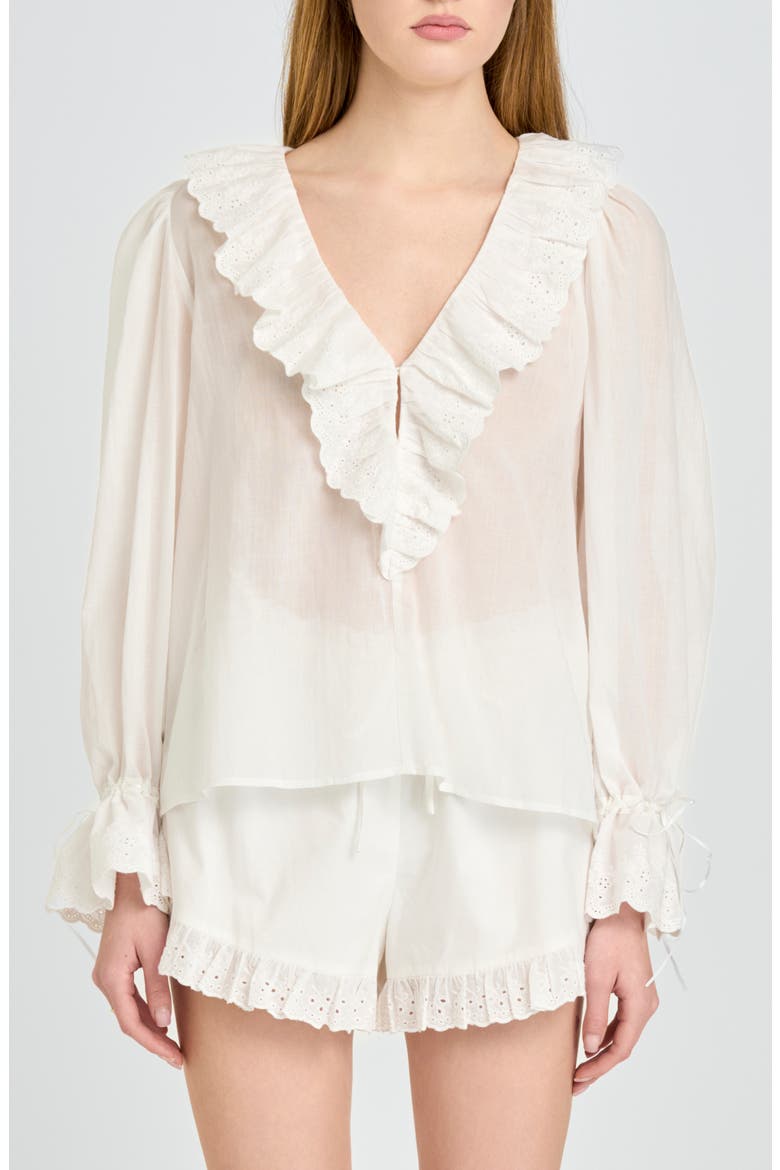 Helena Eyelet Ruffle Stretch Cotton Shorts, Alternate, color, IVORY