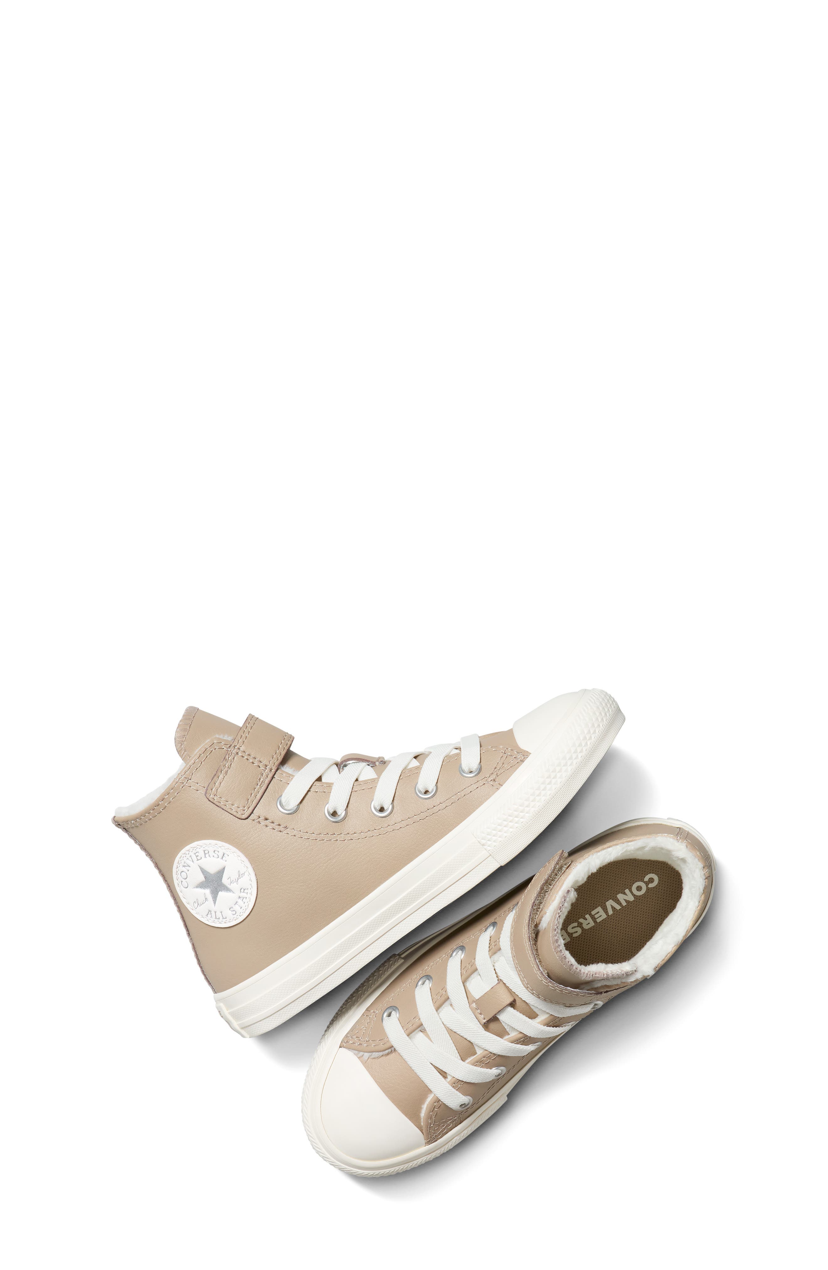 Converse Kids' Chuck Taylor All Star Easy On Fleece Lined Leather High Top Sneaker, Alternate, color, Vintage Cargo/ Egret/ Egret