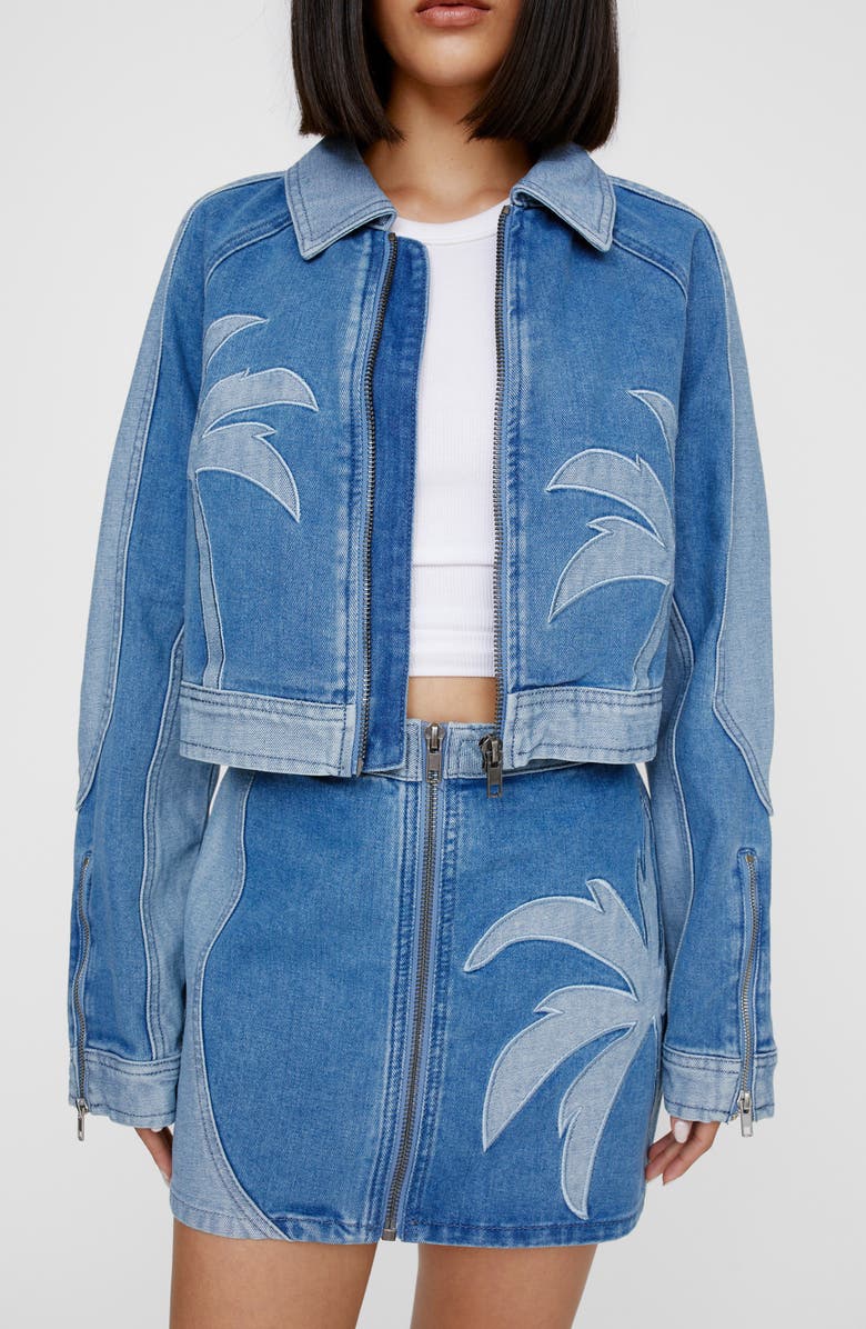 NASTY GAL Palm Cutwork Crop Denim Jacket, Main, color, 