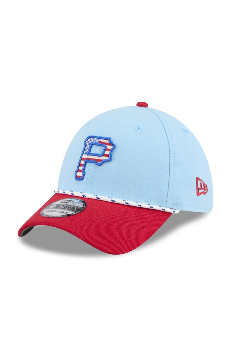 Men's New Era Light Blue/Red Pittsburgh Pirates 2025 Fourth of July 39THIRTY Flex Hat, Main, color, Light Blue