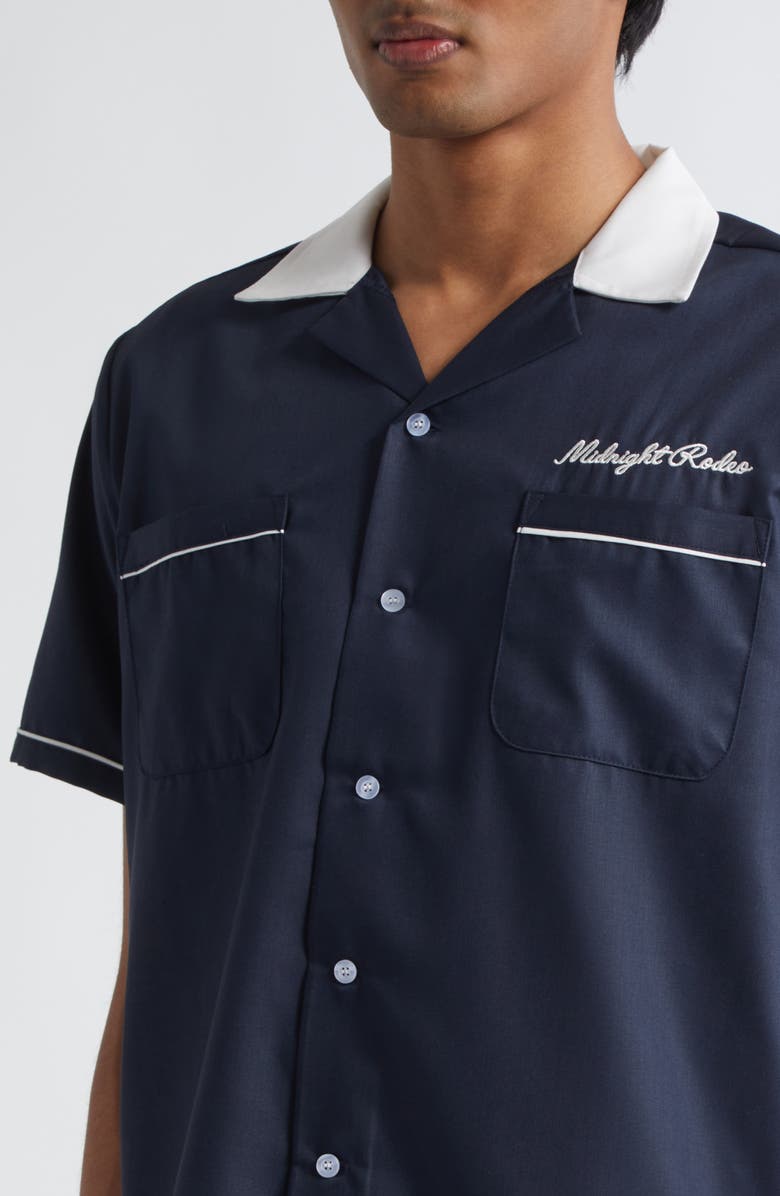 MIDNIGHT RODEO Chain Stitch Piped Voile Camp Shirt, Alternate, color, Navy