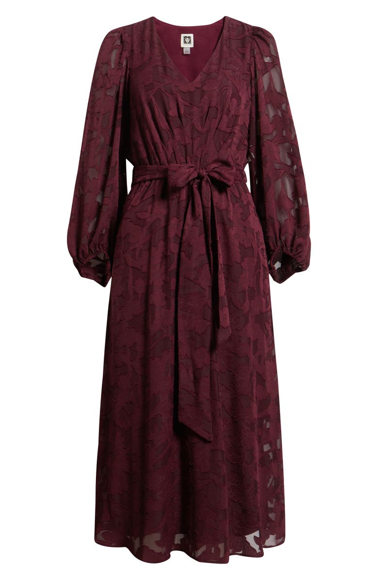 Anne Klein Floral Appliqué Long Sleeve Dress, Alternate, color, Dark Chianti