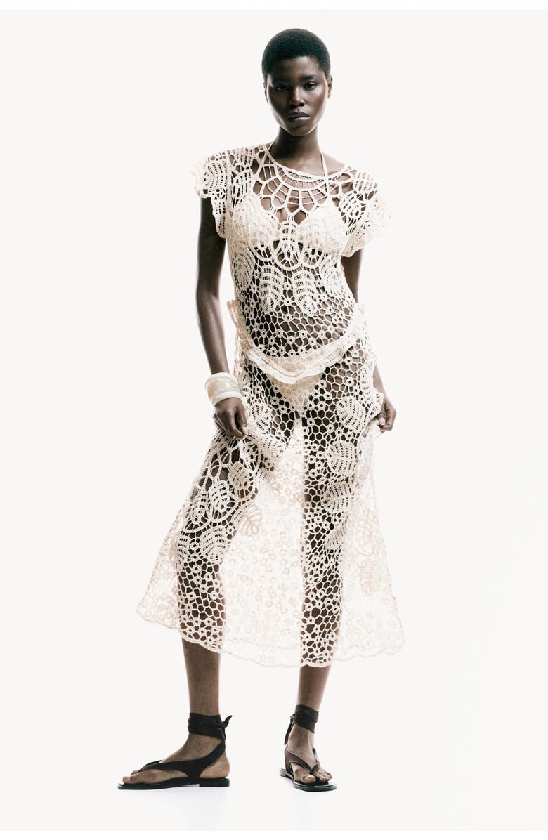 H&M Flutter-sleeved Crochet-look Dress, Alternate, color, Cream