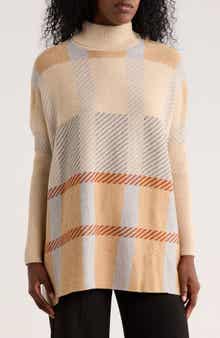 Joseph A Plaid Turtleneck Poncho Sweater