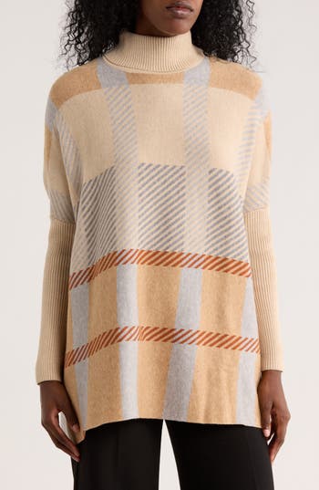 Joseph A Plaid Turtleneck Poncho Sweater In Multi
