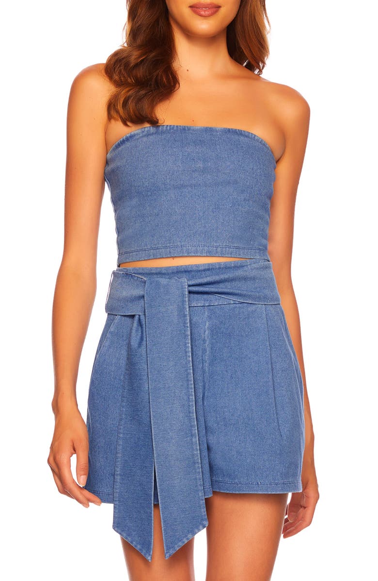 Susana Monaco Strapless Stretch Denim Crop Top, Main, color, 