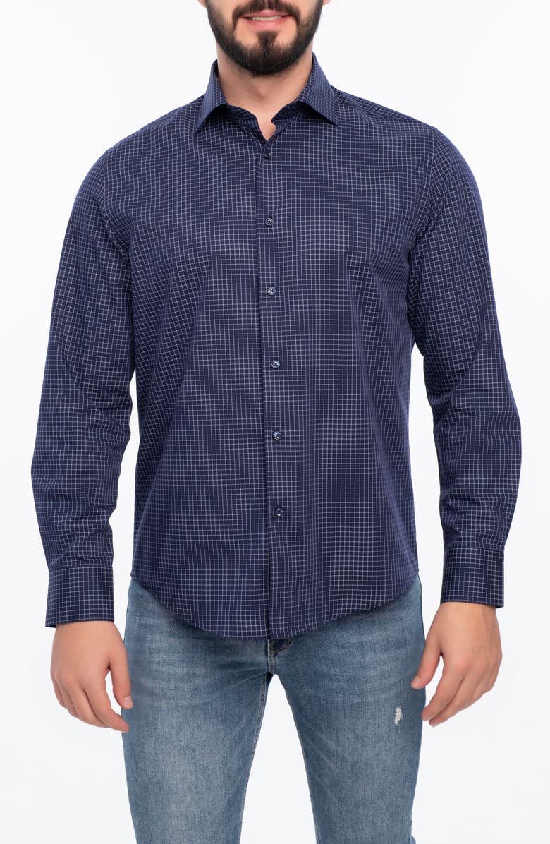 VELLAPAIS Grid Cotton Slim Fit Button Down Shirt, Main, color, Navy Blue
