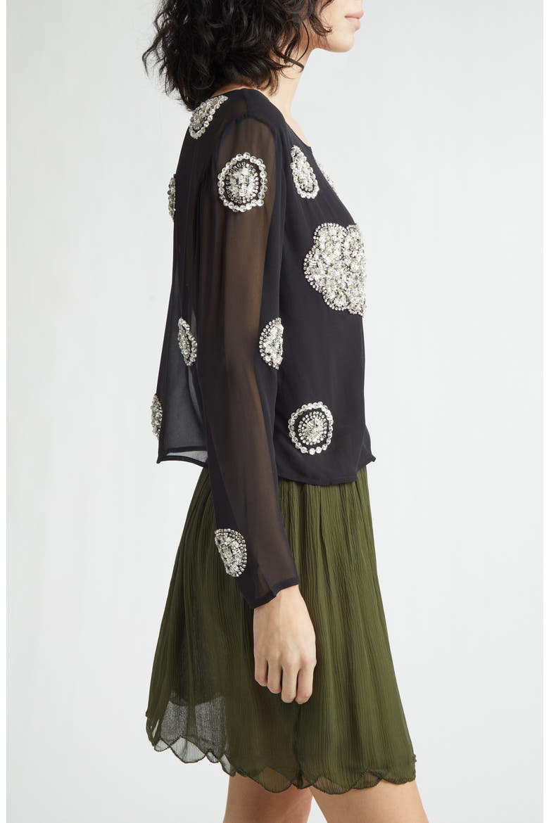 Brooch Crystal Beaded Silk Georgette Top, Alternate, color, BLACK