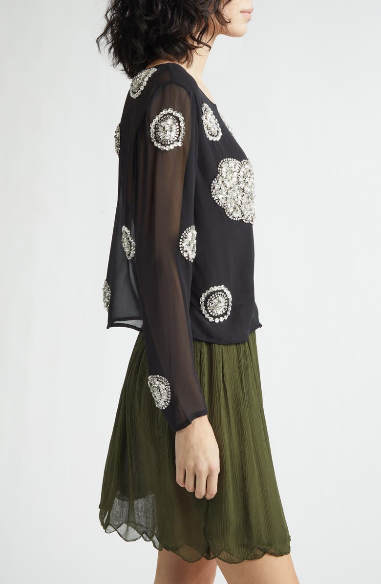 Bode Brooch Crystal Beaded Silk Georgette Top, Alternate, color, Black