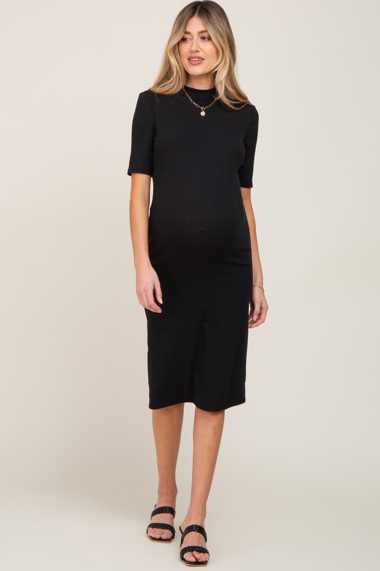 Ribbed Mock Neck Midi Dress, Alternate, color, Black