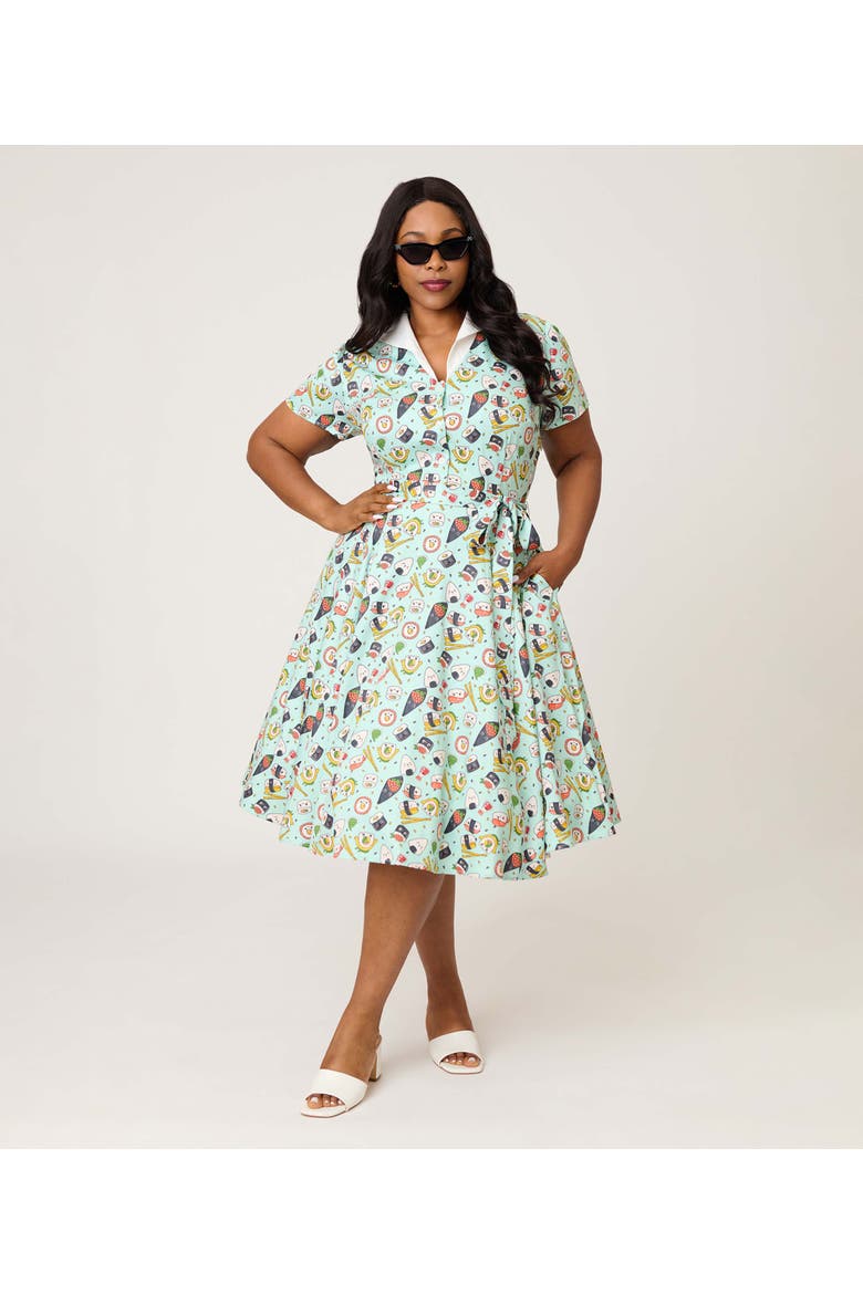 Plus Size 1950s Collared Shirt Dress, Alternate, color, Green Sushi Print