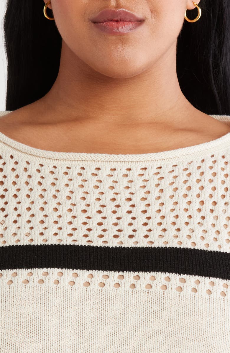 Sanctuary Open Stitch Short Sleeve Cotton Sweater, Alternate, color, Black/ Chalk