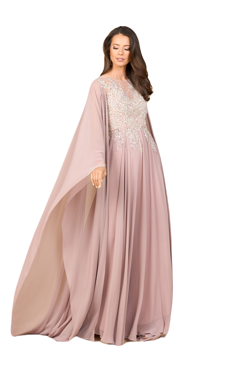 LARA New York Chiffon A - line Long Gown with Cape Sleeves, Main, color, Dusty Rose