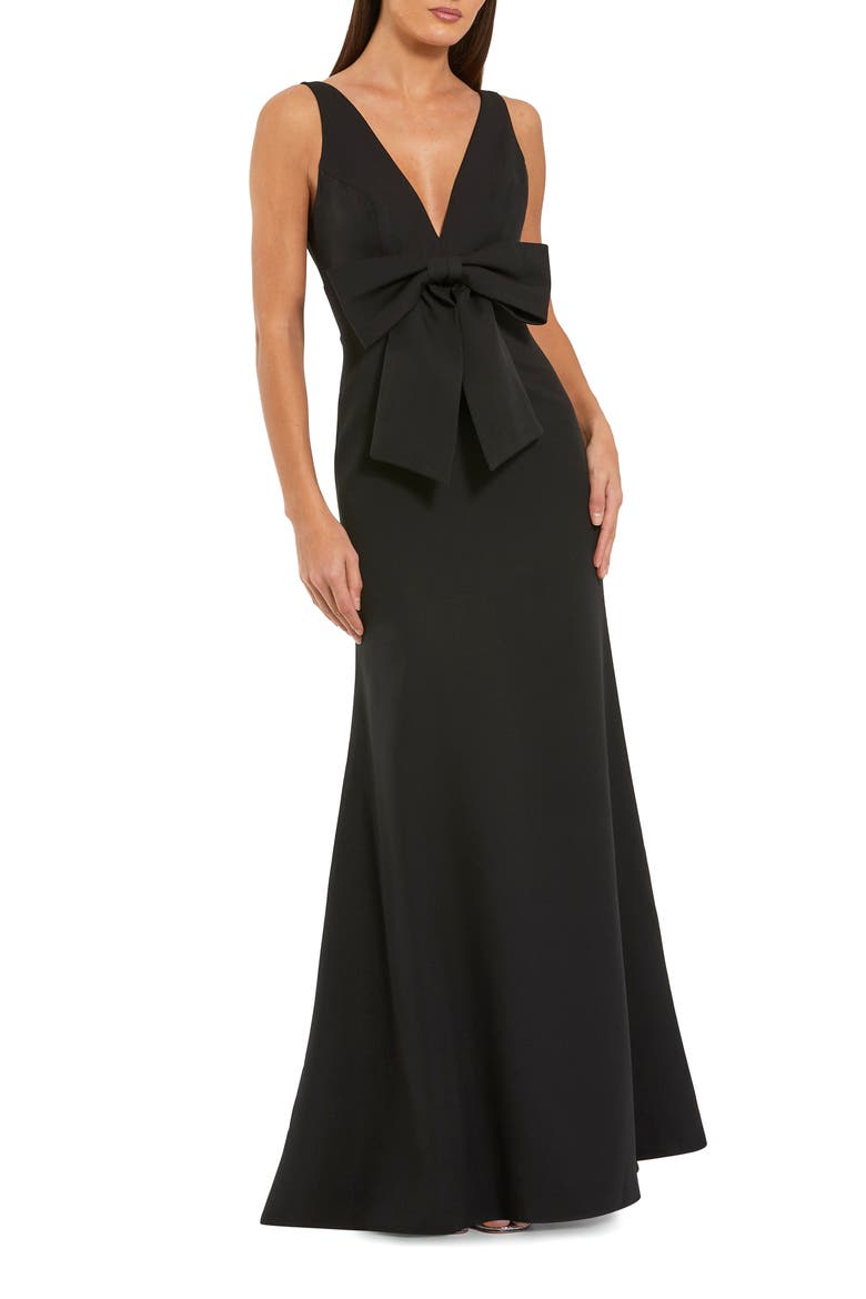 Women's Crepe Sleeveless V Neck Column Dress With Bow, Main, color, Black
