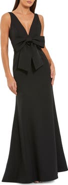 Mac Duggal Women's Crepe Sleeveless V Neck Column Dress With Bow