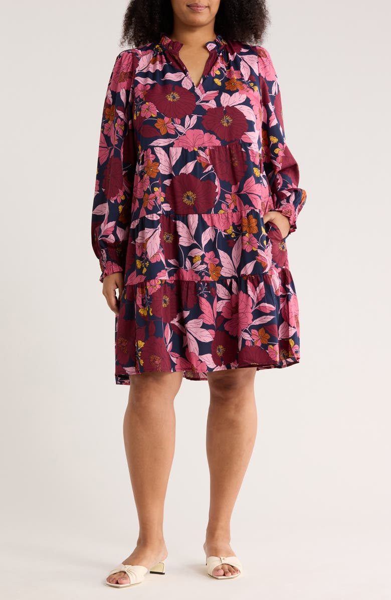 Caslon<sup>®</sup> Long Sleeve Tiered Crepe Dress, Main, color, Navy- Burgundy Garden Floral