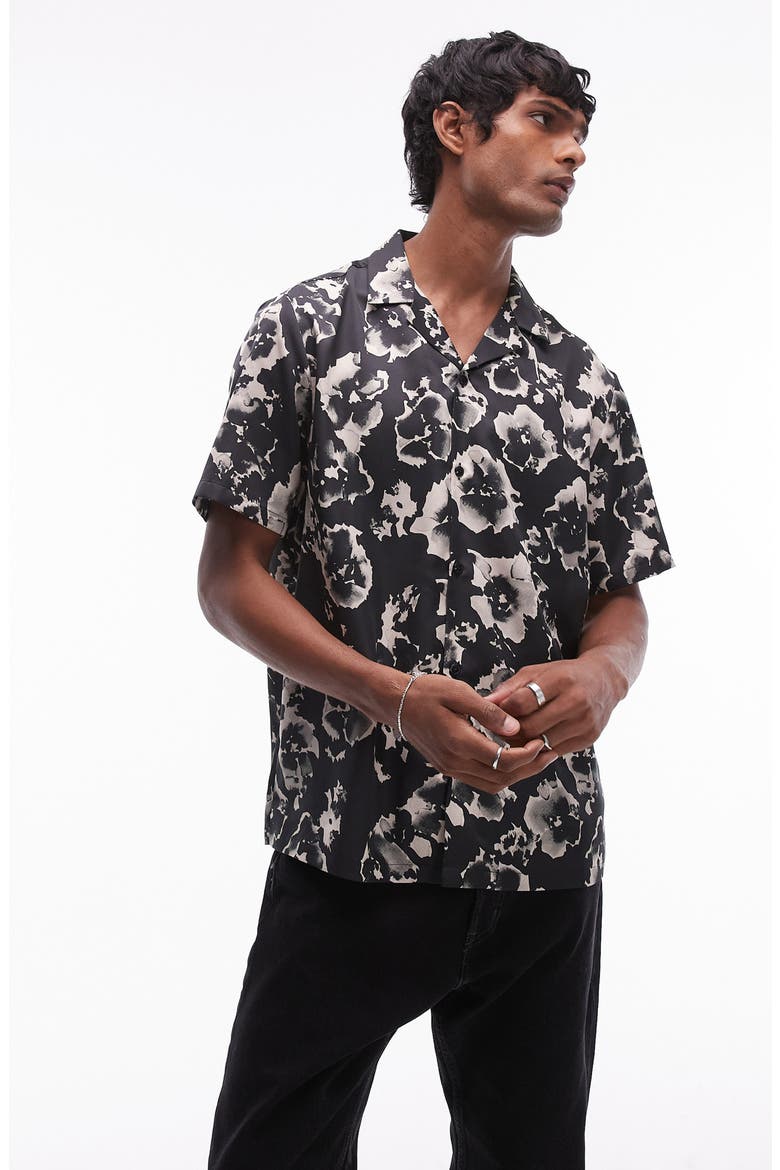 Floral Satin Camp Shirt, Main, color, BLACK