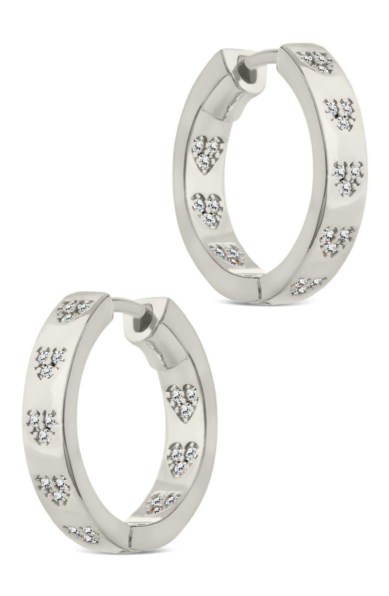 Sterling Forever Cubic Zirconia Heart Station Hoop Earrings, Alternate, color, Silver