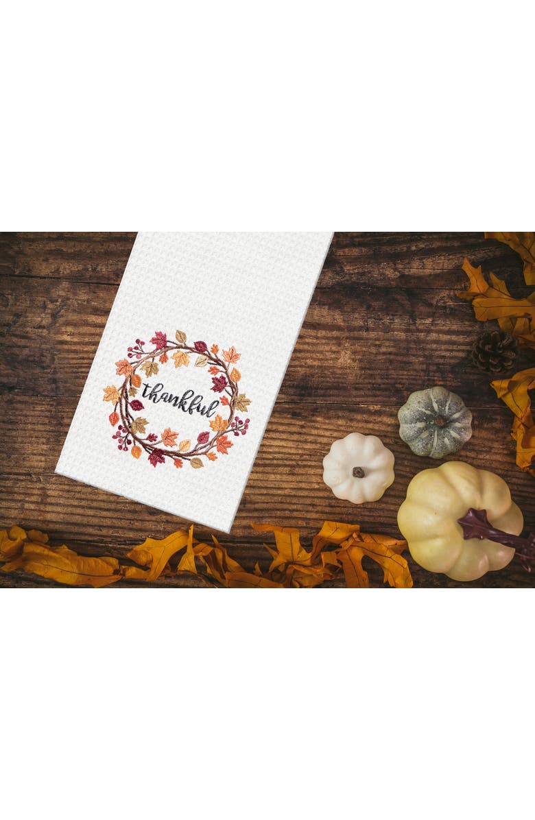 C&F Home Thankful Wreath Embroidered Waffle Weave Kitchen Towel, Alternate, color, White