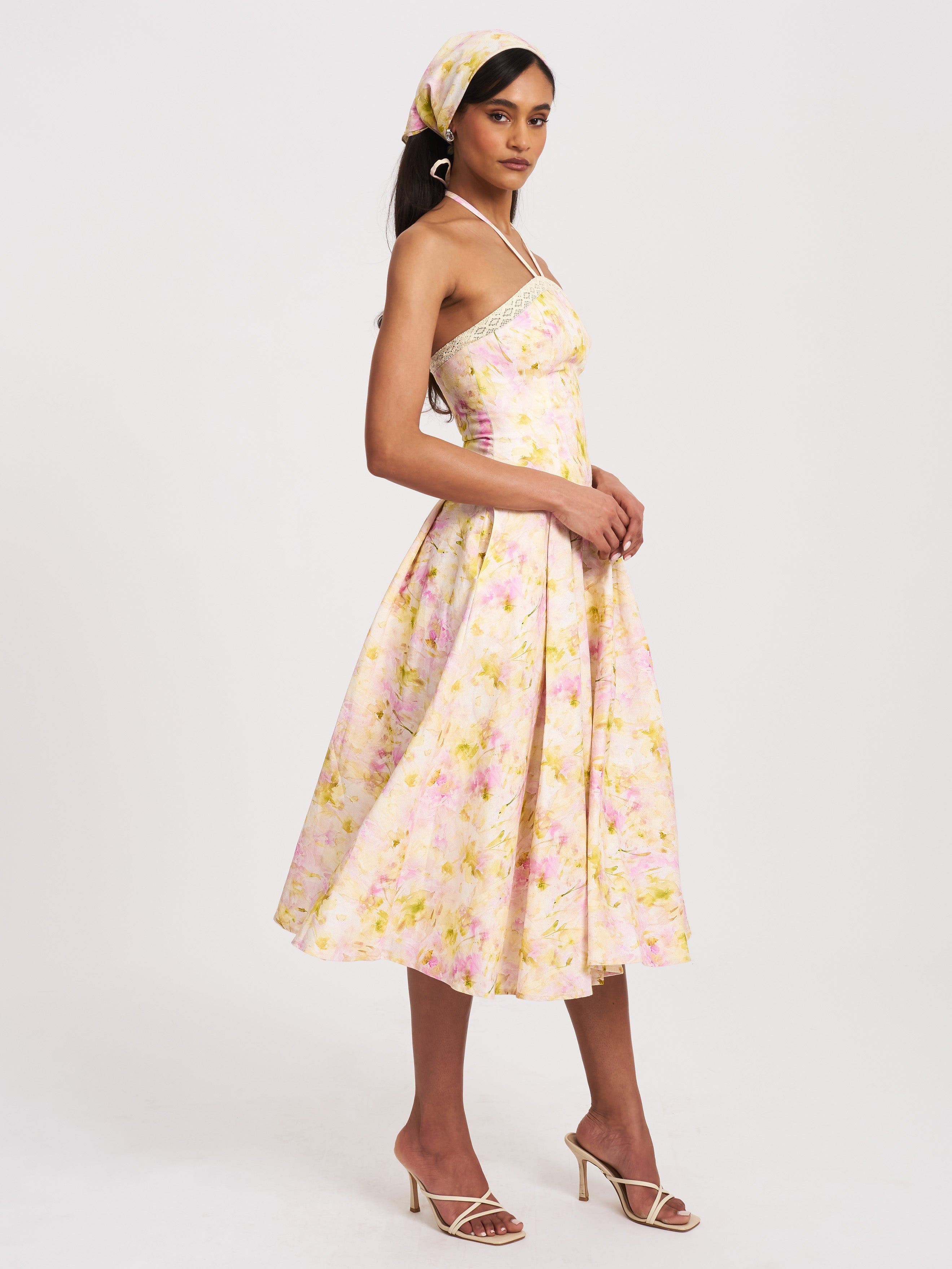 Zaina Floral Print Lace Trim Linen Midi Dress (Women) | Nordstrom