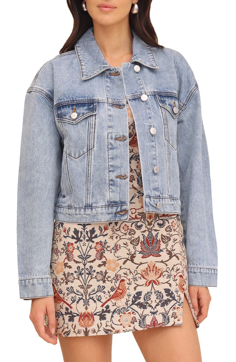 Avec Les Filles Jacquard Heart Inset Denim Trucker Jacket, Main, color, 