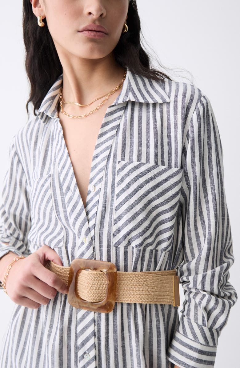 DELUC Marialva Stripe Long Sleeve Linen Blend Maxi Shirtdress, Alternate, color, Striped Blue