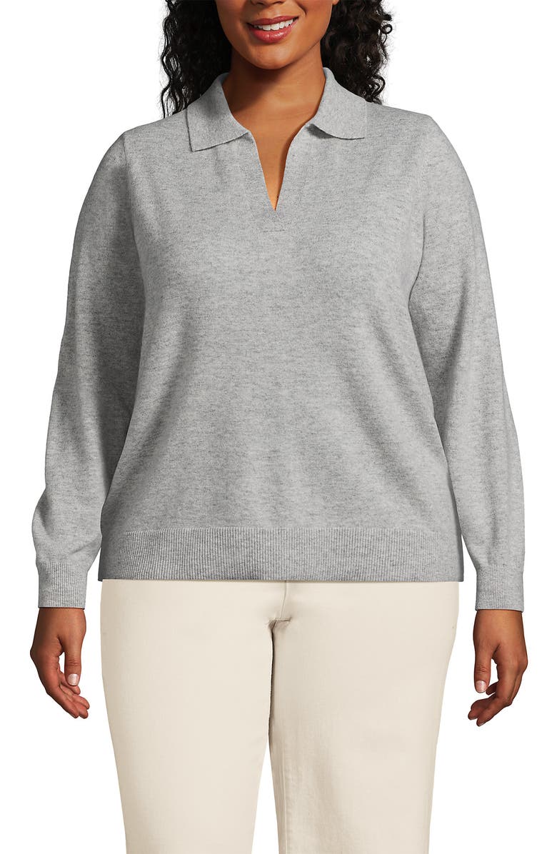 Lands' End Cashmere Johnny Collar Sweater, Main, color, Light Gray Heather