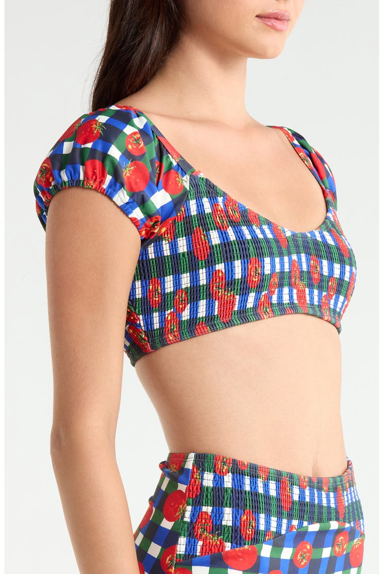 Smocked Puff Sleeve Bikini Top, Alternate, color, GINGHAM TOMATOES BLUE/ GREEN