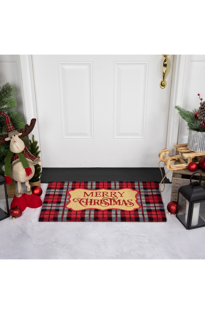 Northlight Plaid "Merry Christmas" Outdoor Coir Doormat - 18" x 30" - Black and Red, Alternate, color, Red
