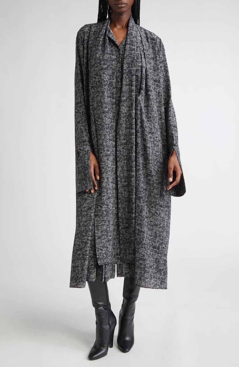Michael Kors Collection Smudge Glen Plaid Silk Crêpe de Chine Scarf Shirtdress, Main, color, Pewter Multi