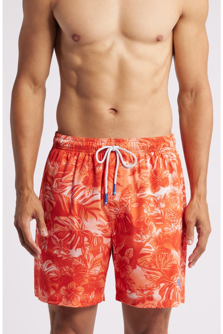 Naples Ocean Escape Floral Performance Swim Trunks, Main, color, ORANGE CANDY