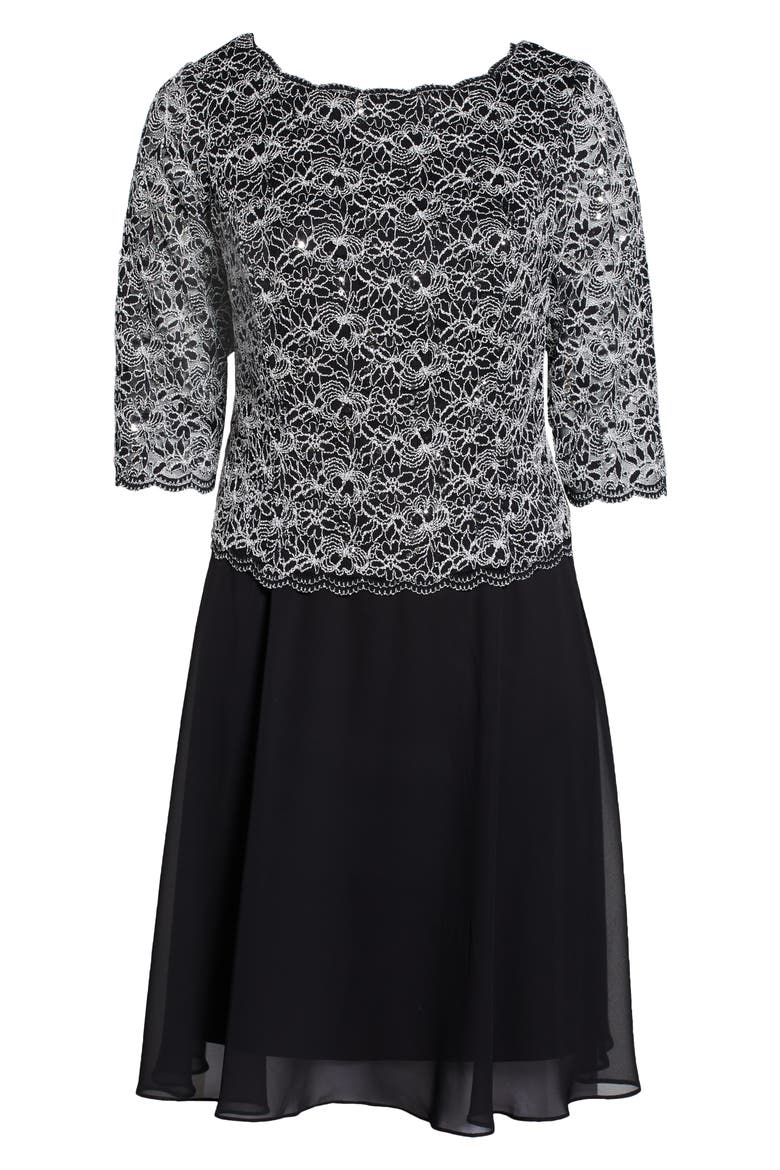 Sequin Lace & Chiffon Dress, Alternate, color, BLACK WHITE