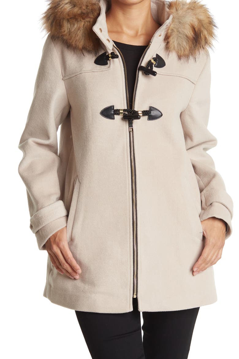 Faux Fur Trim Hooded Toggle Coat, Main, color, BONE