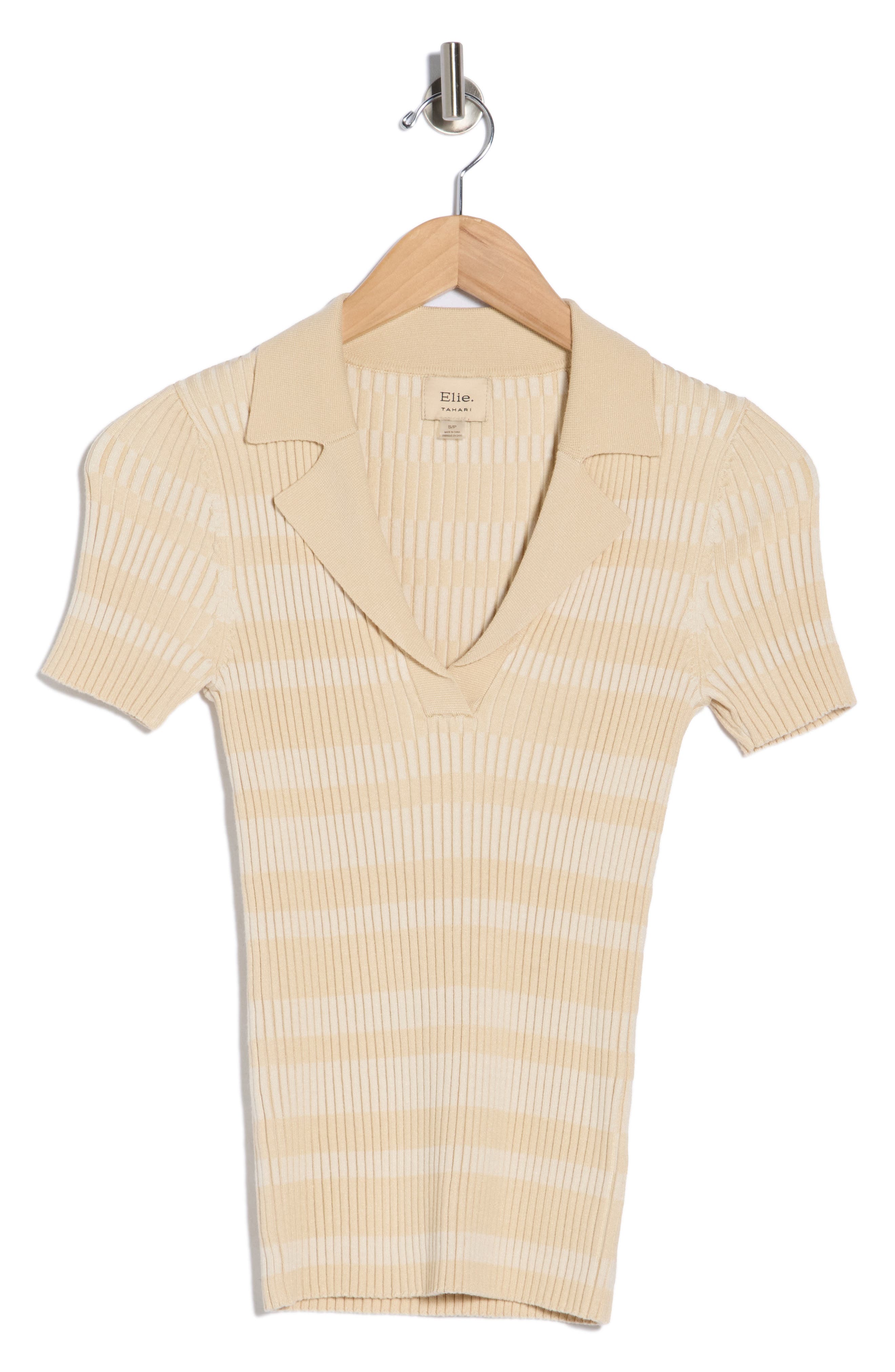 ELIE ELIE TAHARI Stripe Notch Collar Rib Sweater