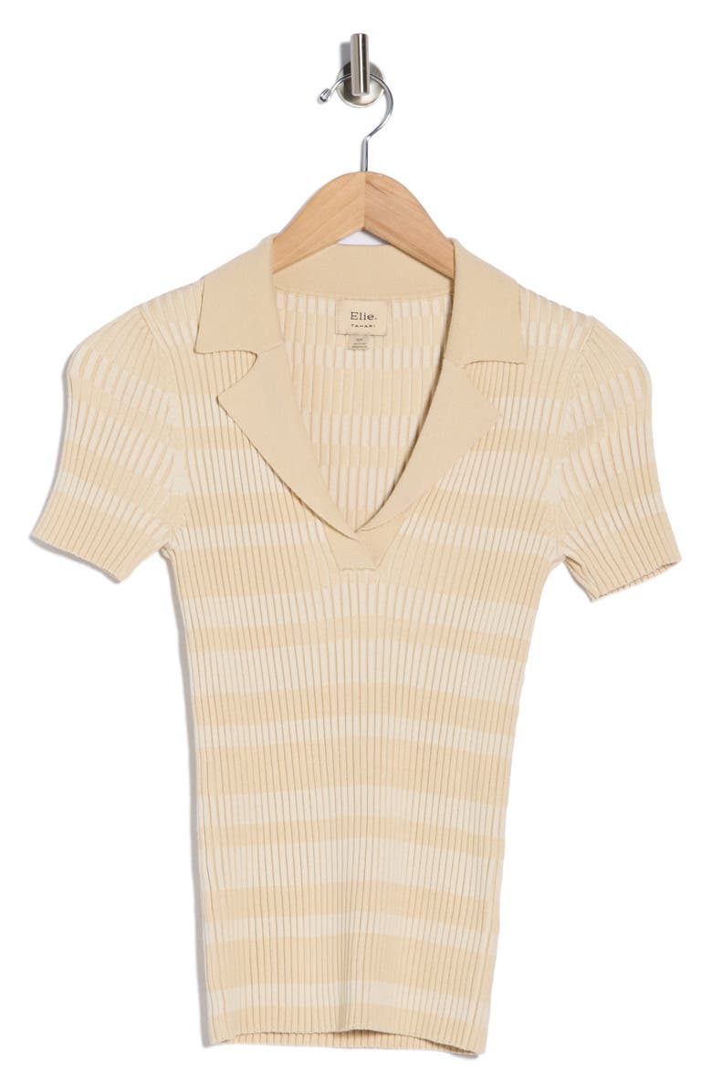 ELIE ELIE TAHARI Stripe Notch Collar Rib Sweater, Main, color, Sand/ Ivory Stripe